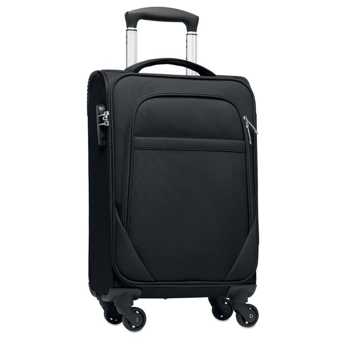 Een zogenoemde handbagage trolley met –volgens opgave– onder andere de volgende samenstelling en kenmerken:
- voor het opbergen en transporteren van goederen;
- een buitenzijde van weefsel van polyester;

- 1 hoofdvak;
-- een voering met een ritssluiting in het midden van de bodem;
-- een vak met ritssluiting in de deksel;
-- 2 banden met treksluiting voor het vastzetten van bagage;
-- afsluitbaar met een rits;

- 2 voorvakken;
-- het grootste voorvak heeft 2 vakken, waarvan 1 met een klittenbandsluiting;
-- afsluitbaar met een rits;

- een dubbelbuis frame met een uitschuifbare stang en een kunststof handgreep;
- een handgreep van textiel aan de bovenzijde;
- 4 zwenkwieltjes van kunststof aan de onderkant;
- een combinatieslot aan 1 zijkant;
- afmetingen van 32,5 x 20 x 46,5 cm;
- een netto gewicht van 1,9 kg.

Verpakt per 2 stuks in een kartonnen doos.