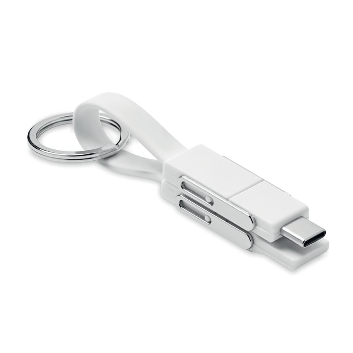 Een zogenoemde sleutelhanger met 4 in 1 kabel met –volgens opgave- onder andere de volgende uiterlijke en technische kenmerken:
- voor de elektrische voeding van diverse apparaten; 
- een 3 in 1 laadkabel met dubbele input;
- 2 stellen stekkers:
-- een USB-A-stekker zonder behuizing in combinatie met een USB-C-stekker; 
-- een micro USB B 2 in 1-stekker zonder behuizing in combinatie met een USB-C-stekker; 
-- beide stekkers kunnen met een schuifmechanisme aan de zijkanten geopend en gesloten worden;
-- aan de binnenzijde van beide stekkers zit bovenaan een magneet, waardoor ze aan elkaar en daarmee aan de sleutelhanger bevestigd kunnen worden;

- de stekkers zitten aan elkaar met een strip van kunststof, waarin de kabel loopt;
- voor het geleiden van elektriciteit van niet meer dan 1000 V;
- een sleutelring van onedel metaal;
- afmetingen, wanneer de stekkers uitgeklapt zijn, is ongeveer 17 x 1,2 x 0,4 cm. 

Het product is opgemaakt voor de verkoop in het klein en zijn per 500 stuks verpakt in een kartonnen doos.