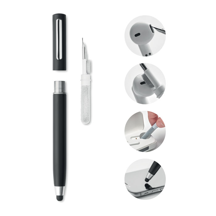 Een zogenoemde cleanpen, een samengesteld artikel, met -volgens opgave- de volgende uiterlijke en technische kenmerken:
- om op papier te schrijven;
- om op een tablet of smartphone als touchpen te gebruiken;
- om oordopjes schoon te maken;
- een kunststof (ABS) behuizing in de vorm van een pen met een draaidop op de bovenkant;
- een vervangbare vulling met blauwe inkt (geen vloeibare inkt);
- aan de onderzijde een kunststof halve bal voor gebruik op aanraakschermen;
- onder de dop een setje met een borsteltje, een pinnetje en een sponsje;
- een klikmechanisme om de balpen uit de pen te drukken;
- afmetingen van ø 1,2 x 14,3 cm.
In de halve bol zit een gaatje om de pen naar buiten te laten.