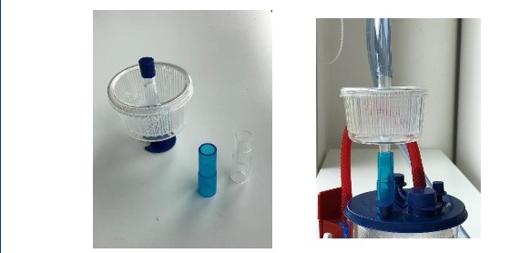 Een zogenoemde disposable specimen cup met –volgens opgave– onder andere de volgende kenmerken:
- een hulpmiddel om monsters te nemen;
- veilig en effectief weefsel te scheiden van vloeistof;
- gebruikt in een afzuigsysteem tijdens een operatie;
- een weefselmonsterbeker met geïntegreerd filter; 
- hoofdzakelijk van kunststof;
- in de vorm van een hersluitbare/lekvrije beker met deksel;
- transparant, voor een snelle visuele controle;
- kan aan de canister worden bevestigd, via de patiëntpoort of tandempoort, met mannelijke adapter naar 10 mm ID-slang.