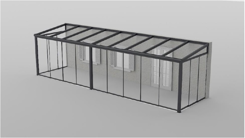Een niet-gemonteerde constructie voor een serre met –volgens opgave- de volgende kenmerken:
- bestemd voor het bouwen van een serre;
- een staander van aluminium;
- verschillende profielen van aluminium;
- een goot van aluminium;
- een sierlijst van aluminium;
- een klikplaat van aluminium;
- bovengeleiderprofielen van aluminium;
- zijplaten en afsluitplaten van aluminium;
- zijliggers en tussenliggers van aluminium;
- een pvc buis;
- liggers van rubber;
- 3-, 4- en 5 rails;
- dubbel gelagerde wielen;
- muurrubber;
- tochtstrip met haar;
- sierstrip zonder haar;
- U rubber voor 10 mm glas;
- glazen schuifwand schroeven.
De constructie wordt geleverd zonder glas en zonder schuifdeur.