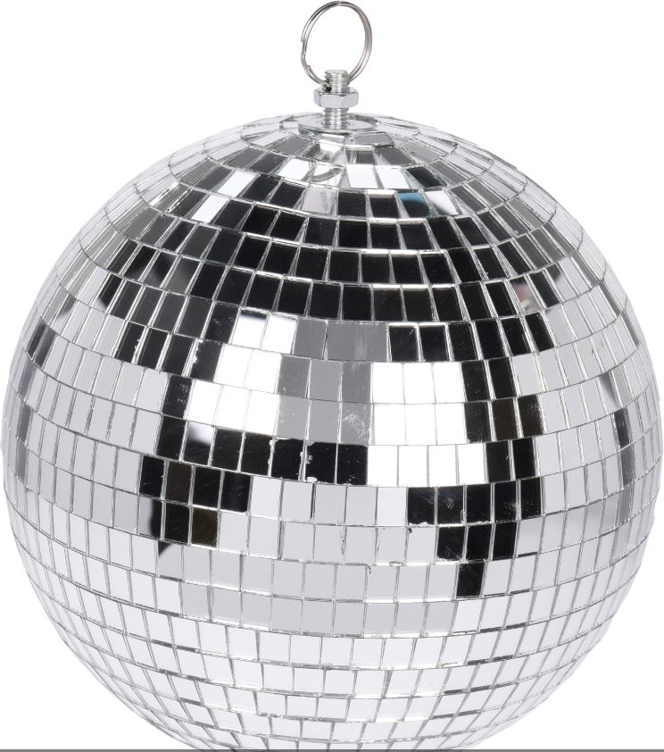 Een zogenoemde discobal (spiegelbol) met -volgens opgave- onder andere de volgende samenstelling en kenmerken:
- bedoeld als binnenhuisversiering;
- een bolvormig lichaam van polystyreen met een diameter van 15 cm;
- rechthoekige plaatjes van spiegelglas;
- voorzien van een oog van onedel metaal;
- de bal reflecteert het licht door de spiegeltjes.