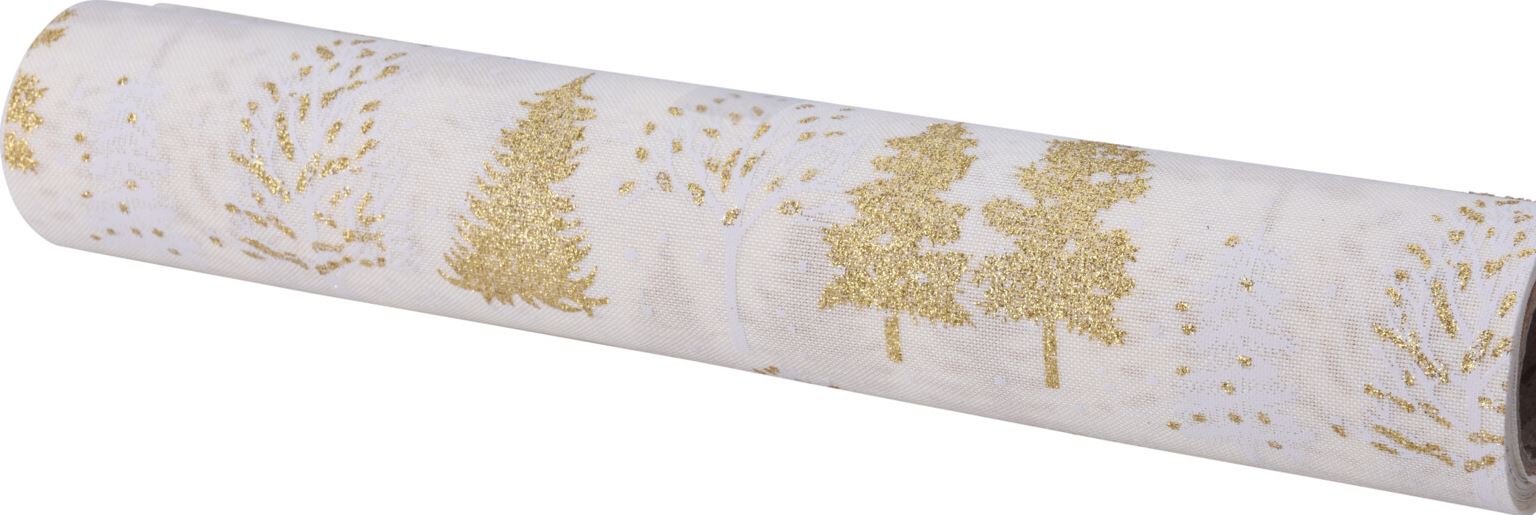 Een zogenoemde tafelloper met -volgens opgave- onder andere de volgende kenmerken:
- voor bescherming- en decoratie van een tafel;
- vervaardigd van een weefsel van niet-getextureerde filamenten (100 % polyester);
- aan de voorkant een goudkleurig motief (print);
- warm gesneden aan de lange randen (niet geconfectioneerd);
- afmetingen van ongeveer 150 x 28 cm;
Aangeboden op een kartonnen rol.