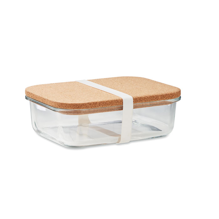 Een glazen lunchbox met -volgens opgave- onder andere de volgende samenstelling en kenmerken:
- voor het bewaren en vervoeren van voedsel;
- een schaal vervaardigd van hoog borosilicaatglas;
- een deksel vervaardigd van kurk;
- een siliconen afsluitband;
- een inhoud van ongeveer 830 ml;
- afmetingen van ongeveer 19 X 14 X 6 cm;
- een netto gewicht van ongeveer 733 gram.

Opgemaakt voor de verkoop in het klein in een kartonnen doos.