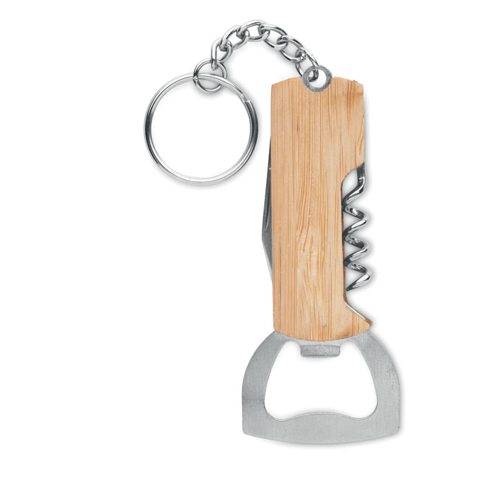 Een zogenoemd 3-in-1 bamboe zakgereedschap met -volgens opgave- onder andere de volgende kenmerken:
- te gebruiken als handgereedschap met verschillende functies;
- handgereedschap bestaande uit een flesopener, een kurkentrekker en een zakmes aan een sleutelhanger;
- vervaardigd van roestvrij staal met een bekleding van bamboe;
- afmetingen van ongeveer 13,3 x 3,6 cm.

Opgemaakt voor de verkoop in het klein in een kartonnen doosje en per 300 stuks in een kartonnen doos.