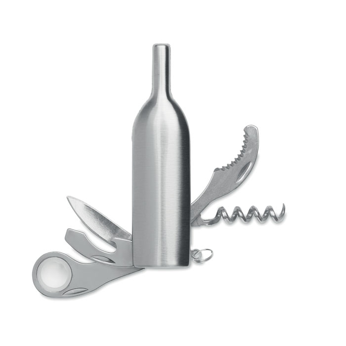Een zogenoemde zakmes met multitool met -volgens opgave- onder andere de volgende kenmerken en samenstelling:
- te gebruiken als handgereedschap met verschillende functies;
- bestaat uit een zaagje, een flessenopener, een kurkentrekker, een mesje en een vergrootglas met een lens van polycarbonaat;
- vervaardigd van roestvrij staal;
- in de vorm van een wijnfles, die bol is aan de voorzijde en plat aan de achterkant;
- voorzien van een sleutelring.
- afmetingen van ongeveer 10 x 2,5 cm.

Per 120 stuks verpakt in een kartonnen doos.
