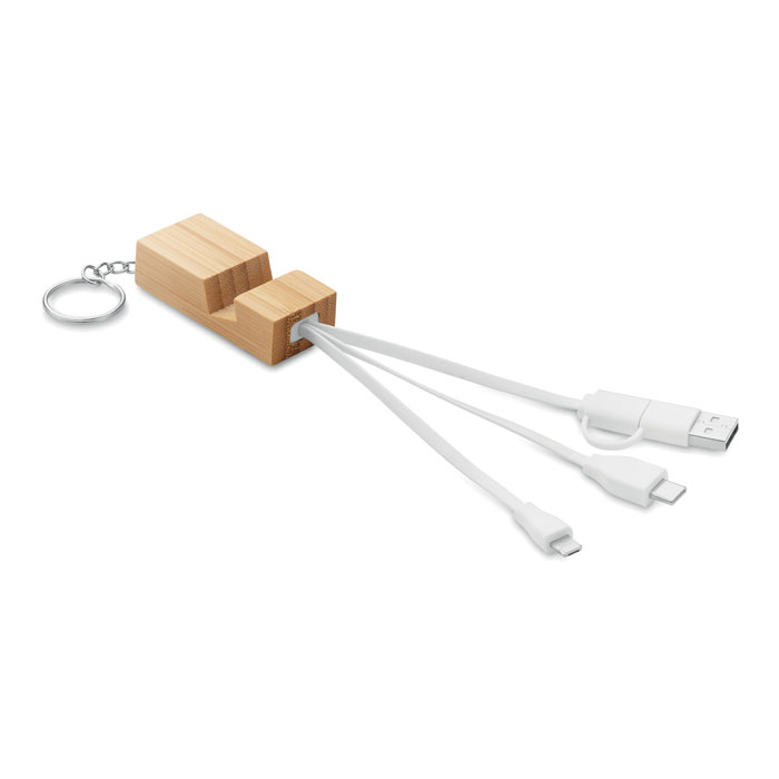 Een zogenoemde bamboe sleutelhanger en houder met -volgens opgave- onder andere de volgende kenmerken:
- voor de elektrische voeding van diverse apparaten;
- om een smartphone verticaal op bijvoorbeeld een tafel of een bureau te plaatsen;
- een 2-in-1 type-C en type-A inputkabel;
- een outputkabel met een micro B2 in 1 pin-aansluiting;
- een outputkabel met een USB-C-aansluiting;

- een telefoonstandaard:
-- vervaardigd van bamboe;
-- plat langwerpig van vorm;
-- een gleuf om een smartphone in te plaatsen;

- een sleutelring vervaardigd van onedel metaal;
- afmetingen van ongeveer 2,7 x 1,6 x 19,5 cm.