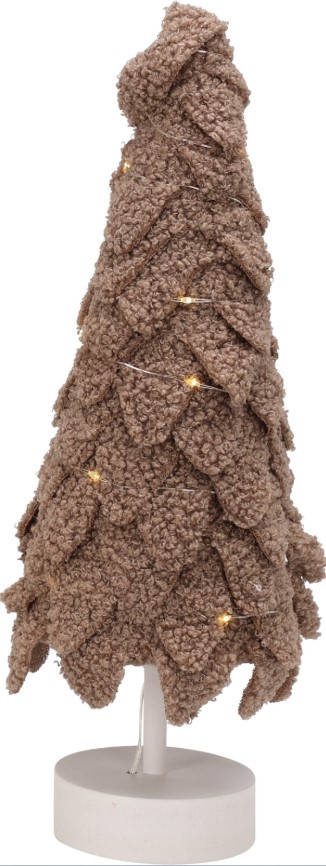 Een replica van een dennenboom met -volgens opgave- onder andere de volgende kenmerken:
- voor versiering en decoratie van een woonruimte;
- in de vorm van een dennenboom op een ronde houten sokkel;
- een binnenzijde van piepschuim, waarop een streng van een driehoekig breiwerk van lussenstof is gelijmd;
- de stam is een ronde houten stok;
- in de sokkel een batterijvak voor 2 AA-batterijen en een aan- en uitschakelaar.
- rondom is een streng van 20 lichtdiodes geplakt;
- een hoogte van ongeveer 35 cm;
- een maximale diameter 13 cm.