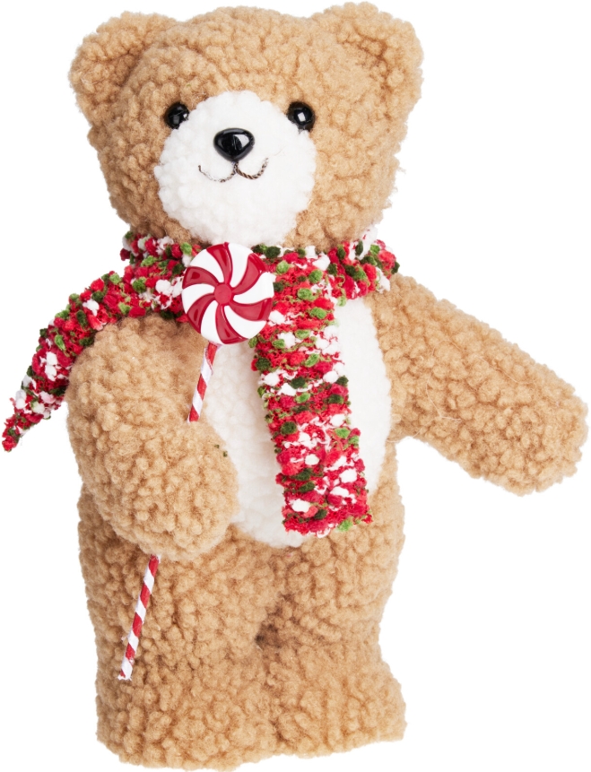 Een decoratief kerstartikel in de vorm van een een teddybeer met een lolly en kerstsjaal- met volgens opgave onder andere de volgende kenmerken:
- een beer met een sjaal, met de kerstkleuren groen, rood en wit, om de nek en een (niet verwijderbare) lolly met de kerstkleuren wit en rood in de klauw;
- voor de versiering van een (woon)ruimte met een verwijzing naar het kerstfeest; 
- niet bestemd voor gebruik als speelgoed;
- de buitenzijde is vervaardigd van pluche breiwerk;
- met ogen en een snuit vervaardigd van kunststof;
- een binnenzijde van harde polystyreen;
- accessoires in de vorm van een sjaal van textielstof en een kunststof lolly;
- afmetingen van ongeveer 18 x 15 x 26 cm.