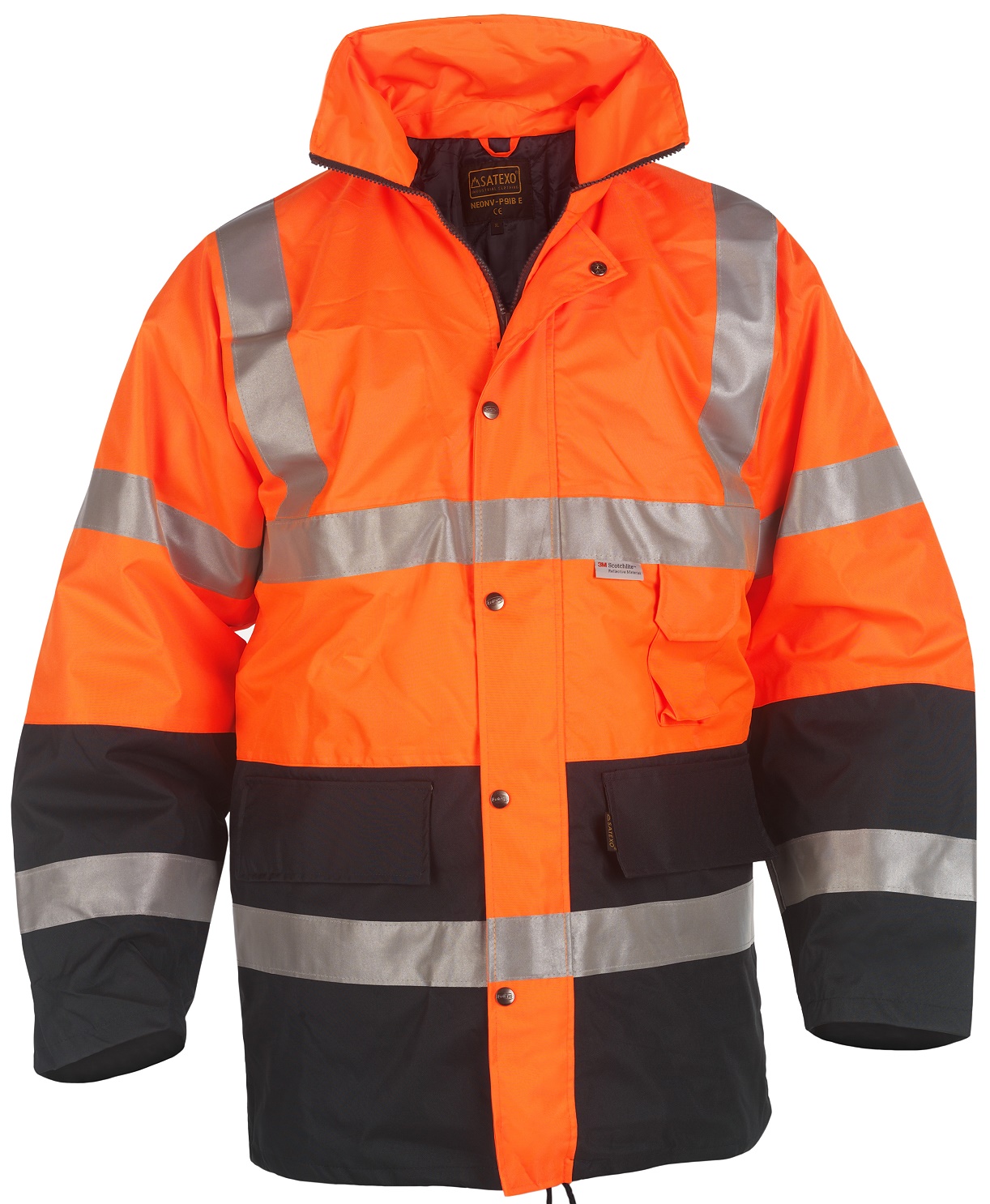 Een parka met -volgens opgave- onder andere de volgende kernmerken en samenstelling:
- bedoeld om het bovenlichaam te beschermen tegen weersomstandigheden en vuil;
- vervaardigd van een oxford weefsel van nylon met een (zichtbare) witte polyurethaan coating;
- voorzien van reflecterende strepen voor hogere zichtbaarheid;
- voorzien van een capuchon;
- aan de voorzijde voorzien van een geheel deelbare rits met een overslag links over rechts met drukknopen;
- steekzakken met een afdekklep;
- aan de binnenzijde een voering van nylon weefsel;
- de jas is in 2 kleuren, geel of oranje aan de bovenzijde en donkerblauw aan de onderzijde.
Het artikel wordt in meerdere maten aangeboden.