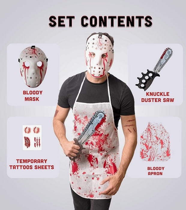Een maskerade uitrusting met -volgens opgave- onder andere de volgende kenmerken en eigenschappen:
- voor gebruik bij Halloween;
- om te verkleden als een slachter met een hockeymasker;
- een schort van gebonden textielvlies, met een aangezette nekband en 2 rugbanden;
- hockeymasker van voorgevormde kunststof, voorzien van elastische banden;
- een imitatie kettingzaag van kunststof met een handgreep gelijkend aan een boksbeugel voorzien van 4 conisch gevormde punten;
- het schort, het hockeymasker en de imitatie kettingzaag hebben een bloederig motief.
Wordt tezamen met niet karakter bepalende decalcomanieën met bloedwondmotieven aangeboden in een kleinhandelsverpakking.