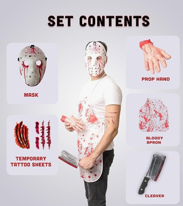 Een maskerade uitrusting met -volgens opgave- onder andere de volgende kenmerken en eigenschappen:
- voor gebruik bij Halloween;
- om te verkleden als een slachter met een hockeymasker;
- een schort van gebonden textielvlies, met een aangezette nekband en 2 rugbanden;
- hockeymasker van voorgevormde kunststof, voorzien van elastische banden;
- een imitatie van een slachtershakmes van in vorm gebrachte kunststof;
- een imitatie van een afgehakte hand van opgevulde kunststof;
- het schort, het hockeymasker, het imitatie slachtershakmes en de imitatie hand hebben een bloederig motief.
Wordt tezamen met niet karakter bepalende decalcomanieën met bloedwondmotieven aangeboden in een kleinhandelsverpakking.