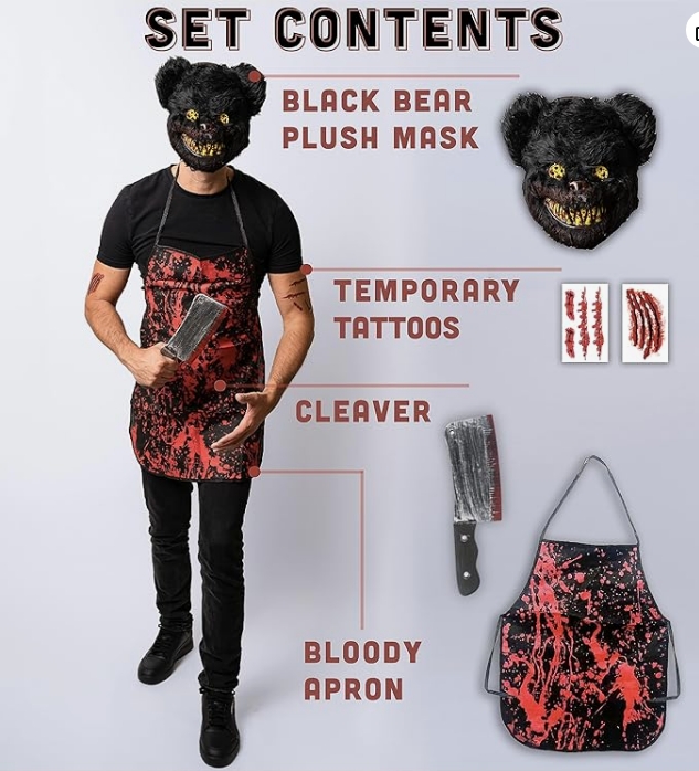 Een maskerade uitrusting met -volgens opgave- onder andere de volgende kenmerken en eigenschappen:
- voor gebruik bij Halloween;
- om te verkleden als een beer die een slachter voorstelt;
- een schort van gebonden textielvlies, met aangezette nekband en 2 rugbanden;
- een masker van voorgevormde kunststof waarop een poolbreiwerk is aanbracht dat de voorzijde van de kop van een beer imiteert en aan de achterzijde is voorzien van elastisch koord en een T-vormig element van kunststof met celstructuur;
- een imitatie van een slachtershakmes van in vorm gebrachte kunststof;
- het schort, de ogen en de bek van het masker en het imitatie slachtershakmes hebben een bloederig motief.
Wordt tezamen met niet karakter bepalende decalcomanieën met bloedwondmotieven aangeboden in een kleinhandelsverpakking.