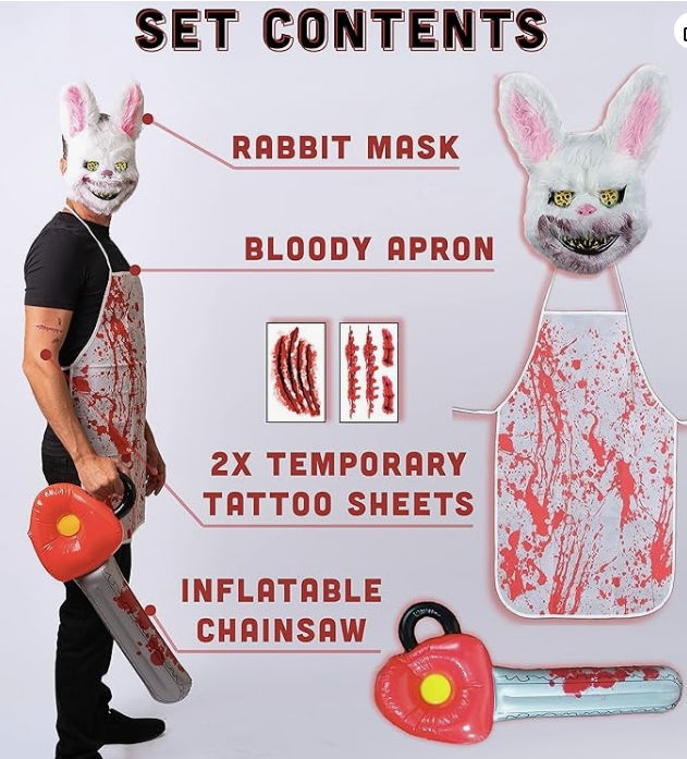 Een maskerade uitrusting met -volgens opgave- onder andere de volgende kenmerken en eigenschappen:
- voor gebruik bij Halloween;
- om te verkleden als een konijn dat een slachter voorstelt;
- een schort van gebonden textielvlies, met aangezette nekband en 2 rugbanden;
- een masker van voorgevormde kunststof waarop een poolbreiwerk is aanbracht dat de voorzijde van de kop van een konijn imiteert en aan de achterzijde is voorzien van elastisch koord en een T-vormig element van kunststof met celstructuur;
- een opblaasbare imitatie van een kettingzaag van kunststof;
- het schort, de ogen en de bek van het masker en de imitatie van de kettingzaag hebben een bloederig motief.
Wordt tezamen met niet karakter bepalende decalcomanieën met bloedwondmotieven aangeboden in een kleinhandelsverpakking.
