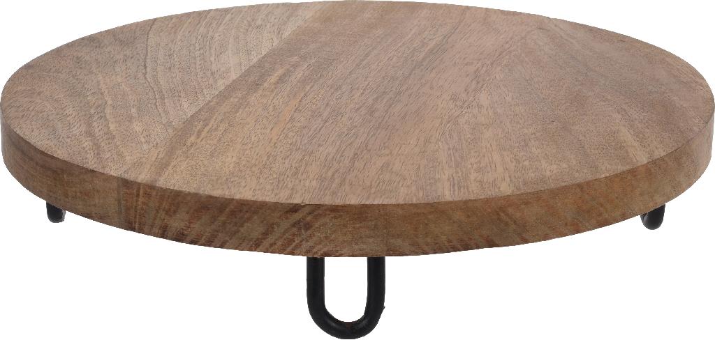 Een serveerplateau met –volgens opgave– onder andere de volgende samenstelling en kenmerken:
- bestemd voor het serveren en snijden van voedsel;
- een ronde plank vervaardigd van mangohout (Mangifera indica);
- voorzien van 4 gebogen pootjes vervaardigd van onedel metaal;
- afmetingen van 29,5 x 6 cm;
- afmetingen van de pootjes van 3,5 x 2,8 cm.
