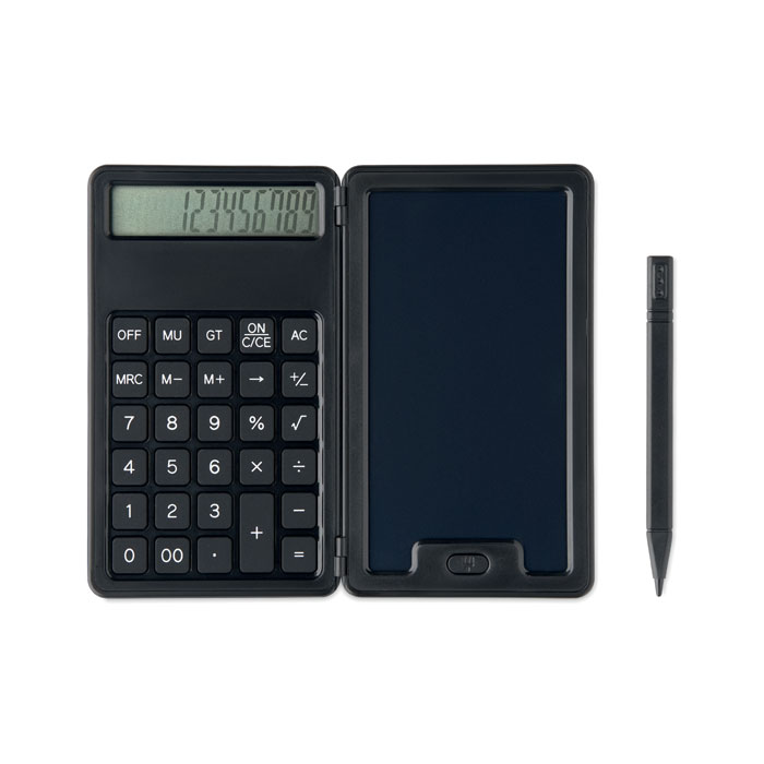 Een assortiment bestaande uit een samengestelde elektronische rekenmachine met een LCD schrijftablet en een styluspen, met -volgens opgave- onder andere de volgende kenmerken en eigenschappen:
- bedoeld om snel berekeningen mee uit te voeren;
- bedoeld om notities te maken;
- een scharnierende in boekvormig openklapbare behuizing;
- vervaardigd van kunststof;
- aan de linker binnenzijde een rekenmachine uitgerust met een eenvoudig LCD-scherm;
- aan de rechter binnenzijde een LCD-schrijftablet;
- aan de achterzijde voorzien van een houder met een styluspen; 
- voorzien van een LR1130 1,5 V en een CR1220 3V  niet-oplaadbare batterijenj;
- niet voorzien van een geheugen om ingevoerde gegevens op te slaan.
Het geheel is opgemaakt voor de verkoop in het klein en verpakt in een kartonnen doosje tezamen met een handleiding.