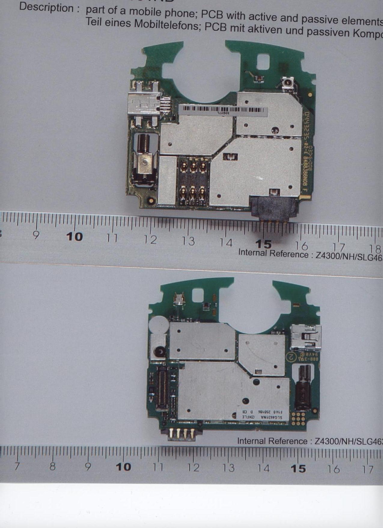 Een gedrukte schakeling, meerlagig, bevattende passieve en actieve elementen en contacten, bestemd voor cellulaire telefoons. De schakeling is voorzien van aansluitpunten en wordt aangeboden in een frame van 6 stuks. Het frame heeft afmetingen van 190x119 mm (lxb).