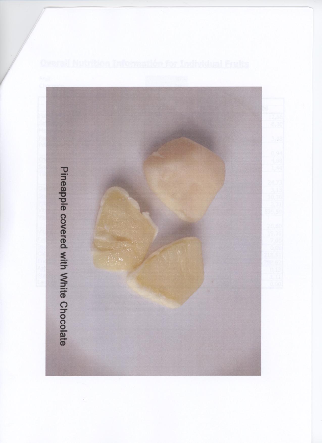 Stukjes ananas omhuld met witte chocolade, met een suikergehalte van meer dan 19 gewichtspercenten. Het product, zijnde vruchten op andere wijze bereid of verduurzaamd, zonder toegevoegde alcohol en met toegevoegde suiker, wordt bevroren aangeboden in verpakkingen met een netto-inhoud per onmiddellijke verpakking van niet meer dan 1 kg. Volgens opgave bevat het product 70% ananas en 30% witte chocolade.