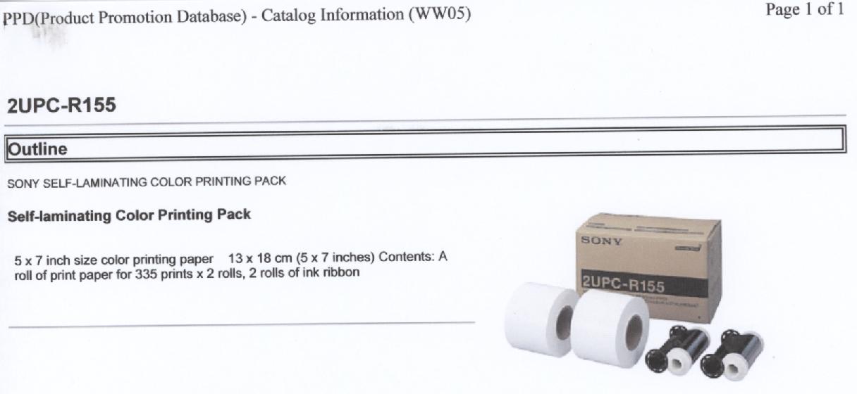 Een assortiment zijnde een zogenaamd "Color Printing Pack" voor gebruik in een afdrukeenheid (printer), bestaande uit: 
- vier cilinders met spoelen van kunststof, waarvan twee cilinders zijn voorzien van een inktlint van kunststof; 
- twee rollen Self laminating printpapier met afmetingen van 13 x 18 cm. voor elk 335 prints.
Het inktlint van kunststof bestaande uit segmenten met verschillende kleuren, waarbij de kleurstoffen door verhitting op een drager worden overgebracht (zogenaamde kleurstofsublimering).
Het geheel is opgemaakt voor de verkoop in het klein en verpakt in een kartonnen doos, voorzien van merknaam en type.
Het wezenlijk karakter van het assortiment wordt bepaald door het kunststof inktlint.