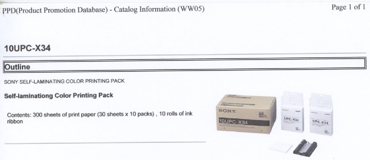 Een assortiment zijnde een zogenaamd "Color Printing Pack" voor gebruik in een afdrukeenheid (printer), bestaande uit: 
- tien houders van kunststof, waarop gemonteerd twee cilinders met spoelen van kunststof, waarvan één cilinder is voorzien van een inktlint van kunststof; 
- 300 vellen printpapier. 
Het inktlint van kunststof bestaande uit segmenten met verschillende kleuren, waarbij de kleurstoffen door verhitting op een drager worden overgebracht (zogenaamde kleurstofsublimering).
Het geheel is opgemaakt voor de verkoop in het klein en verpakt in een kartonnen doos, voorzien van merknaam en type.
Het wezenlijk karakter van het assortiment wordt bepaald door het kunststof inktlint.