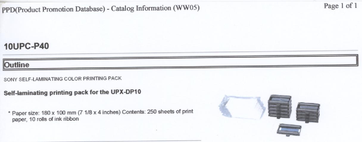 Een assortiment zijnde een zogenaamd "Color Printing Pack" voor gebruik in een afdrukeenheid (printer), bestaande uit: 
- tien houders van kunststof, waarop gemonteerd twee cilinders met spoelen van kunststof, waarvan één cilinder is voorzien van een inktlint van kunststof; 
- 250 vellen printpapier (afmetingen 180 x 100 mm). 
Het inktlint van kunststof bestaande uit segmenten met verschillende kleuren, waarbij de kleurstoffen door verhitting op een drager worden overgebracht (zogenaamde kleurstofsublimering).
Het geheel is opgemaakt voor de verkoop in het klein en verpakt in een kartonnen doos, voorzien van merknaam en type.
Het wezenlijk karakter van het assortiment wordt bepaald door het kunststof inktlint.
