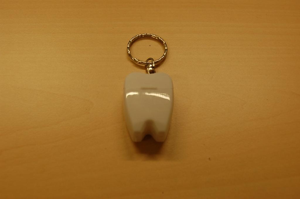 Tandfloss, een artikel dat wordt gebruikt voor het schoonmaken tussen de tanden, opgemaakt voor de verkoop in het klein. Het tandfloss (floszijde) wordt aangeboden in een kunststof houder, in de vorm van een tand, dat door middel van ringetjes aan een sleutelring (sleutelhanger) is bevestigd. Het wezenlijk karakter van het artikel wordt bepaald door het tandfloss.