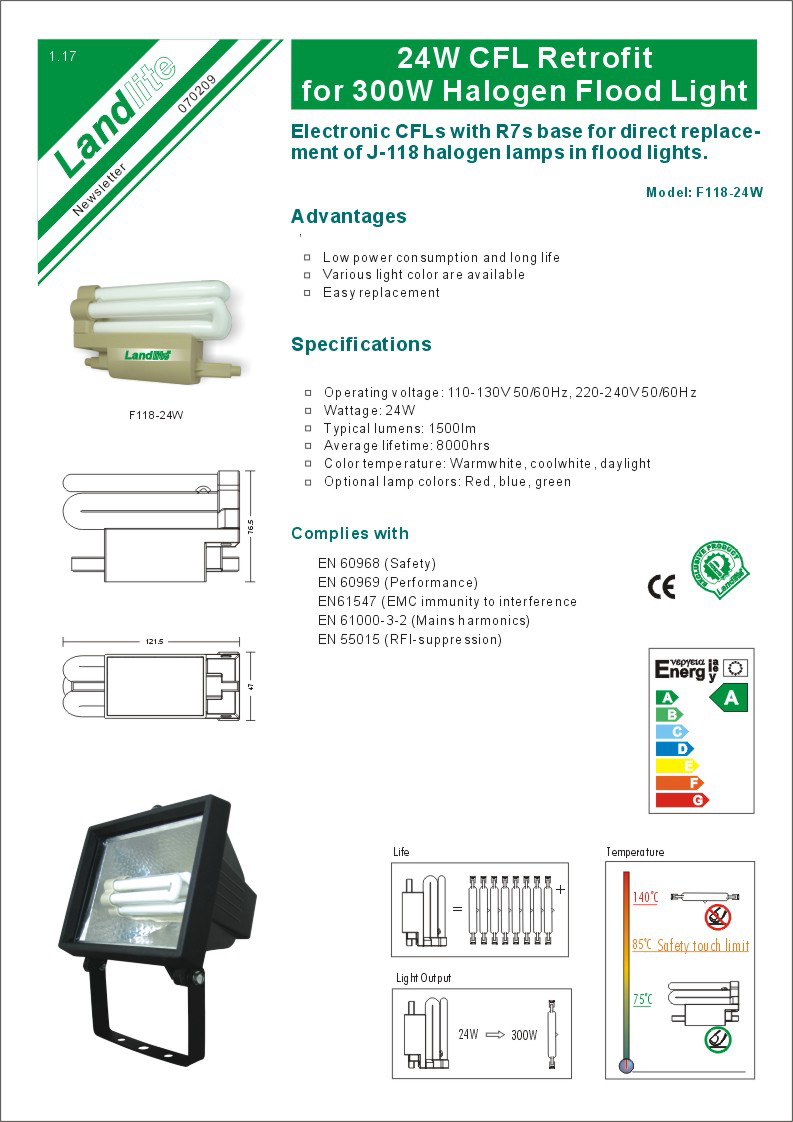 Een zogenaamde spaarlamp zijnde een elektrische gasontladingslamp / fluorescentielamp met verhitte kathode met ondermeer de volgende kenmerken:
- voorzien van twee lampvoeten;
- de lamp is geplaatst in een voorgevormde behuizing van kunststof;
- Input Voltage 110-130V, 220-240V 50/60Hz;
- 24 Watt;
- 8000 branduren;
- leverbaar in diverse kleuren.
