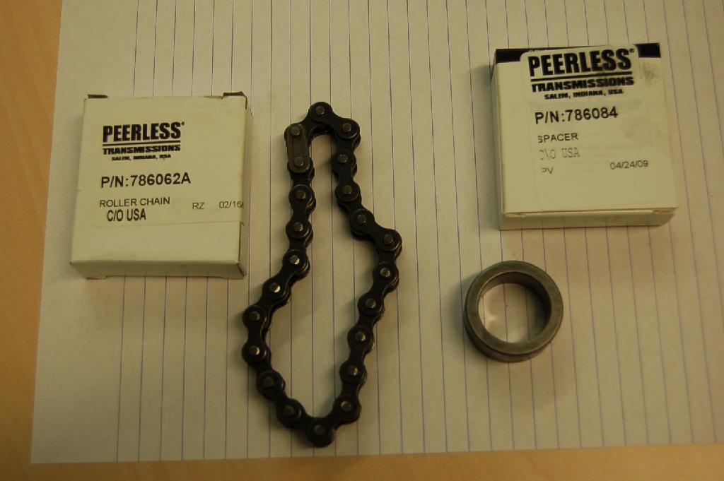 Een scharnierende rolketting van ijzer of staal met onder andere de volgende kenmerken:
- samengesteld uit schakels;
- met toevoeging van rollen;
- van de soort gebruikt voor versnellingsbakken.