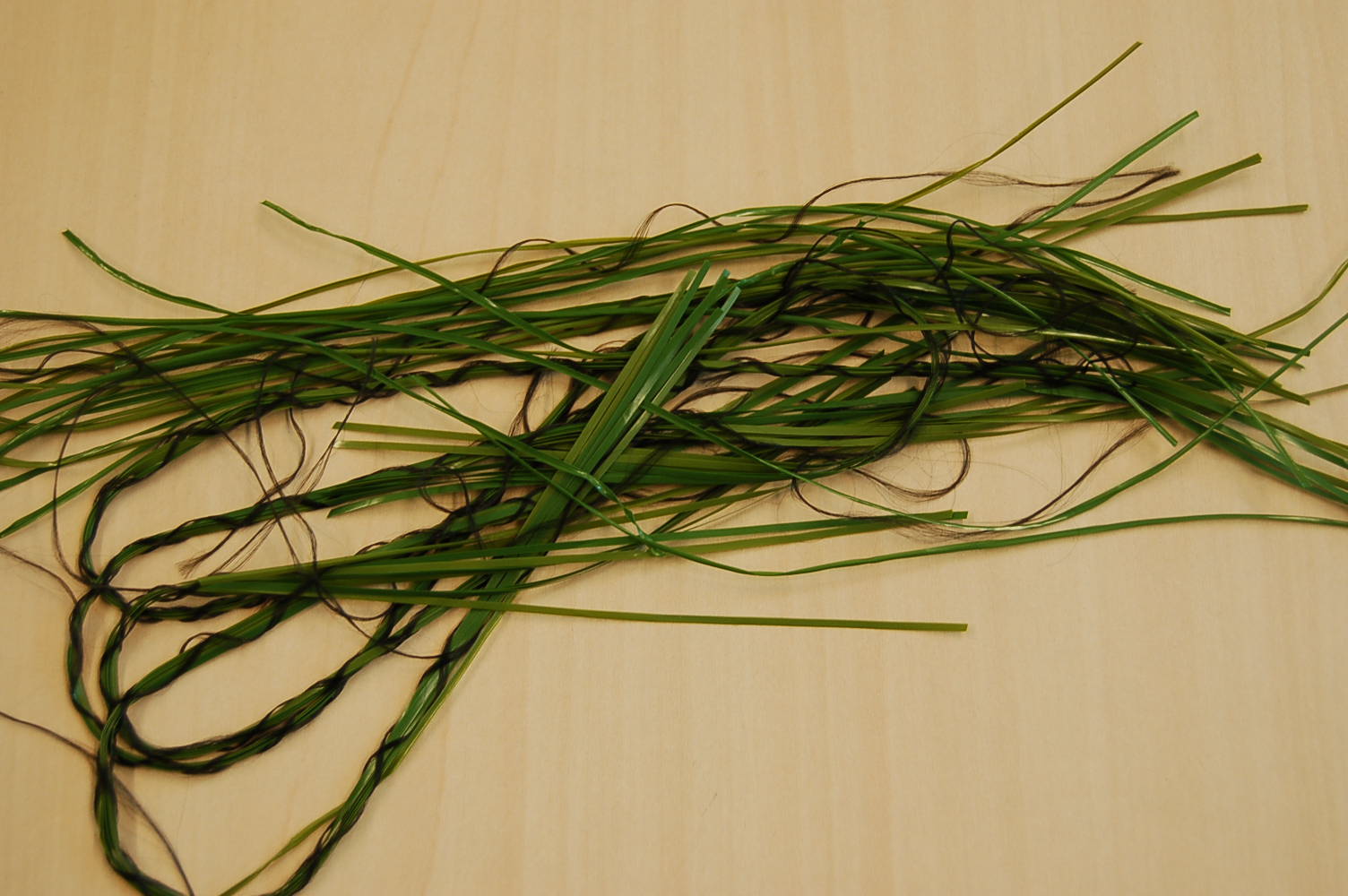 Strippen van synthetische textielstoffen waarvan de schijnbare breedte niet meer dan 5 mm bedraagt.
Het product bestaat uit een bundel van 8 groene strippen die bijeen worden gehouden door 2 zwarte draden die elkaar kruisen. De strippen hebben een dwarsdoorsnede van minder dan 1 mm en een breedte van ongeveer 1.35 mm (tolerantie 5%).
De groene filamenten zijn vervaardigd van polyethyleen en de zwarte draden van polypropyleen. Het hoogste gewichtspercentage van het samengestelde artikel wordt toegekend aan de strippen van polyethyleen.
De strippen worden –volgens opgave– toegepast voor de vervaardiging van kunstgrasmatten.