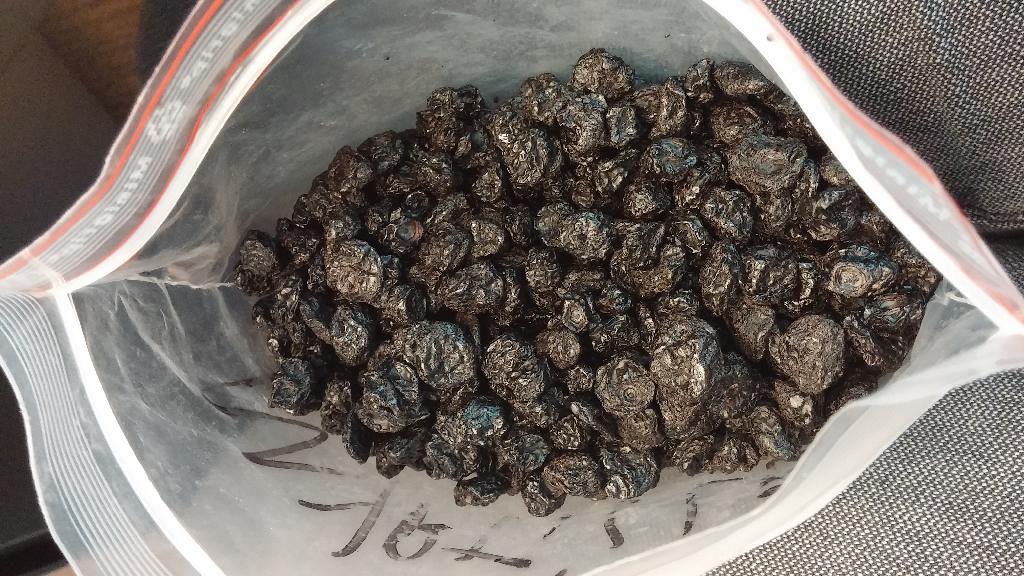 Een vruchtenbereiding, op andere wijze bereid of verduurzaamd met onder andere -volgens opgave- de volgende kenmerken:
- in de verschijningsvorm van gedroogde ronde vruchten met een diameter van ongeveer 0,8 cm;
- blauwe bessen;
- appelsapconcentraat;
- plantaardige olie; 
- zonder toegevoegde alcohol;
- toegevoegde suiker;
- in een verpakking met een netto-inhoud per onmiddellijke verpakking van meer dan 1 kg;
- bestemd voor de voedingsmiddelenindustrie.
Het product wordt aangeboden in kartons met een gewicht van ongeveer 10 kg.
