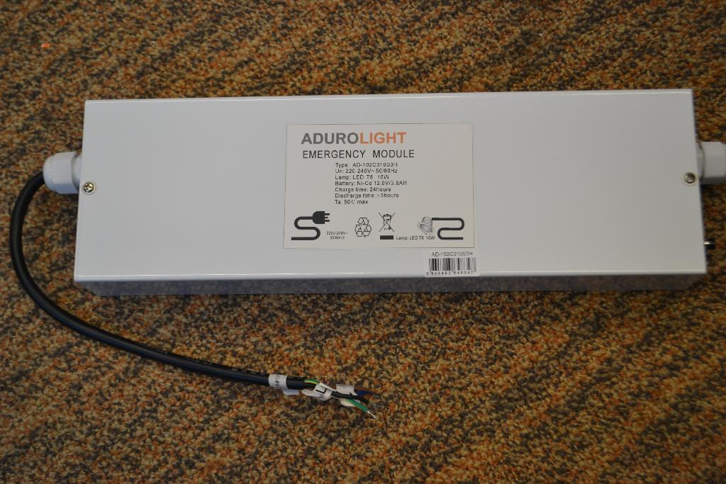 Een module voor een led noodverlichting bestaande uit een heroplaadbaar batterijpakket en een omvormer, 
met -volgens opgave- onder andere de volgende uiterlijke en technische kenmerken:
- een statische omvormer in de vorm van een gelijkrichter en een omzetter van wisselstroom 
  (AC) naar gelijkstroom (DC) en van gelijkstroom (DC) naar wisselstroom (AC) in een behuizing 
  van onedel metaal;
- een input van AC 110 – 265Volt;
- een output van DC 220 – 310Volt tijdens een stroomstoring;
- aan één kant voorzien van een connector voor de aangesloten voedingskabel en het aangesloten 
  controleknopje;
- aan de andere kant voorzien van een connector voor de aangesloten batterij, de aangesloten  
  controle led en een nog aan te sluiten led T8 TL lamp (niet meegeleverd);
- een nikkel-cadmium C3000mAh 12 Volt batterijpakket;
- het geheel is geplaatst in een behuizing van onedel metaal, voorzien van 2 wartels;
- bestemd voor het in stand houden van de verlichting tijdens een stroomstoring; 
- afmetingen van 330 x 102 x 42 mm.
De omvormer laadt het batterijpakket op. Tijdens een stroomstoring geeft de batterij voeding aan een TL lamp. De kenmerkende hoofdfunctie van het samengestelde artikel wordt toegekend aan de statische omvormer. Noch aan de gelijkrichter noch aan de omzetter kan het wezenlijke karakter worden toegekend.