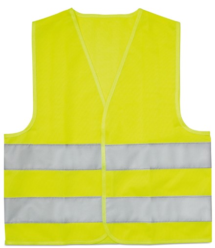 Een geconfectioneerd kledingstuk voor het bovenlichaam, zijnde een zogenoemd veiligheidsvest voor kinderen, met onder andere de volgende kenmerken:
- vervaardigd van breiwerk van -volgens opgave- 100% polyester;
- mouwloos;
- wijde armgaten;
- een v-vormige halsopening;
- een gehele opening aan de voorzijde, voorzien van een klittenbandsluiting, links over rechts sluitend;
- 2 reflecterende horizontale stroken met een breedte van ongeveer 5 cm, rondom het kledingstuk;
- afgebiesde randen;
- in een opvallende kleur.