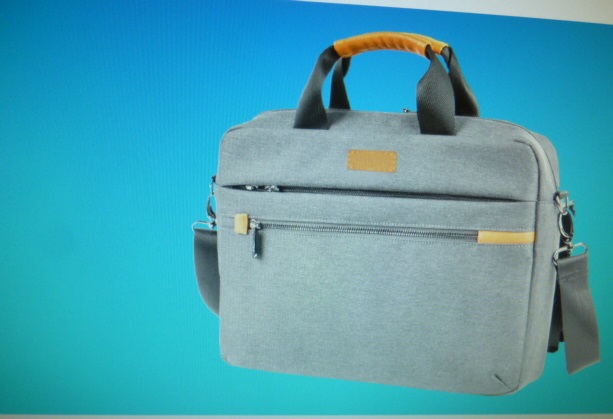 Torba  przeznaczona do laptopa max 15.6” wykonana z materiałów włókienniczych (poliester) w kolorze szarym z ozdobnymi elementami w kolorze naturalnej skóry o wymiarach zewnętrznych 40,5 cm x 29 cm x 8 cm. Posiada jedną główną komorę z wyścieloną przegrodą na laptopa zamykaną na zamek błyskawiczny oraz dwie pojemne przednie kieszenie zamykane na zamek błyskawiczny z dodatkowymi przegródkami i pojemną bezpieczną tylną kieszenią. Torba posiada rączkę z materiałów włókienniczych, pasek umożliwiający noszenie na ramieniu oraz mocne metalowe zamki i uchwyty.