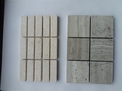 Mozaika wykonana z kostek kamiennych (wapień numulitowy). Tafle kamienia o grubości ok. 8 mm pocięte na kostki o wymiarach 14 x 14 mm, 22 x 22 mm, 14 x 47 mm lub 47 x 47 mm, o polerowanej powierzchni umieszczone są na podłożu - siatce z tworzywa sztucznego i połączone za pomocą kleju, tworząc mozaikę o wymiarach ok. 300 x 300 mm, o grubości 8 mm. Artykuł przeznaczony do przyklejania na ścianę wewnątrz pomieszczeń.