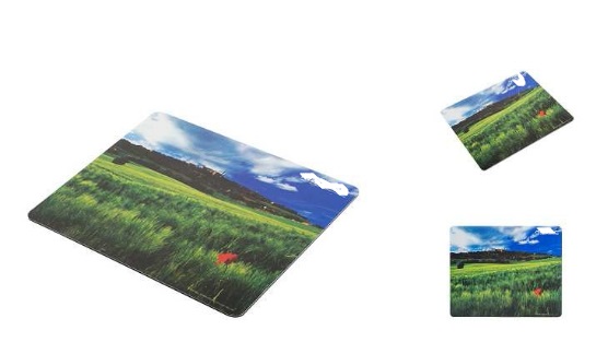 Podkładka pod mysz komputerową, w kształcie prostokątnym z zaokrąglonymi rogami o wymiarach ok. 180 x 220 x 2 mm i o całkowitej masie powierzchniowej  1666g/m2. Wierzchnią część podkładki stanowi dzianina syntetyczna (Multispandex o wadze - 200 g/m2), połączona z gumą komórkową w procesie klejenia. Podkładka z kolorowym nadrukiem oraz z logo firmy.