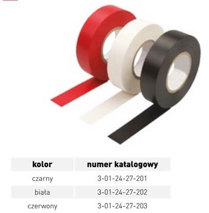 Taśma izolacyjna samoprzylepna o długości 15 m, wyprodukowana z polichlorku winylu, pokryta substancją klejącą na bazie kauczuku. Nawinięta na rolkę o szerokości 19 mm. Produkt przeznaczony jest do zabezpieczania końcówek kabli oraz ich oznaczania, wykorzystywana przez elektryków. Taśma dostępna w trzech kolorach: czerwony, biały i czarny.