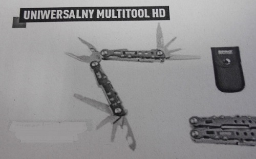Wielofunkcyjne, składane narzędzie ręczne (MULTI TOOL). Narzędzie posiada: Szczypce warsztatowe, szczypce tnące, nóż, wkrętak PH, wkrętak SL, wkrętak SL 2, pilnik i wkrętak SL, stalową blokadę, mały nóż, piłę, otwieracz do puszek i butelek. Szczypce nadają zasadniczy charakter wyrobu. Akcesoria umieszczone są w rękojeściach obsługujących szczypce.  W stanie złożonym szczęki szczypiec umieszczone są pomiędzy innymi częściami roboczymi w rękojeściach narzędzia. Wykonane ze stali chromowo-wanadowej. W zestawie etui.