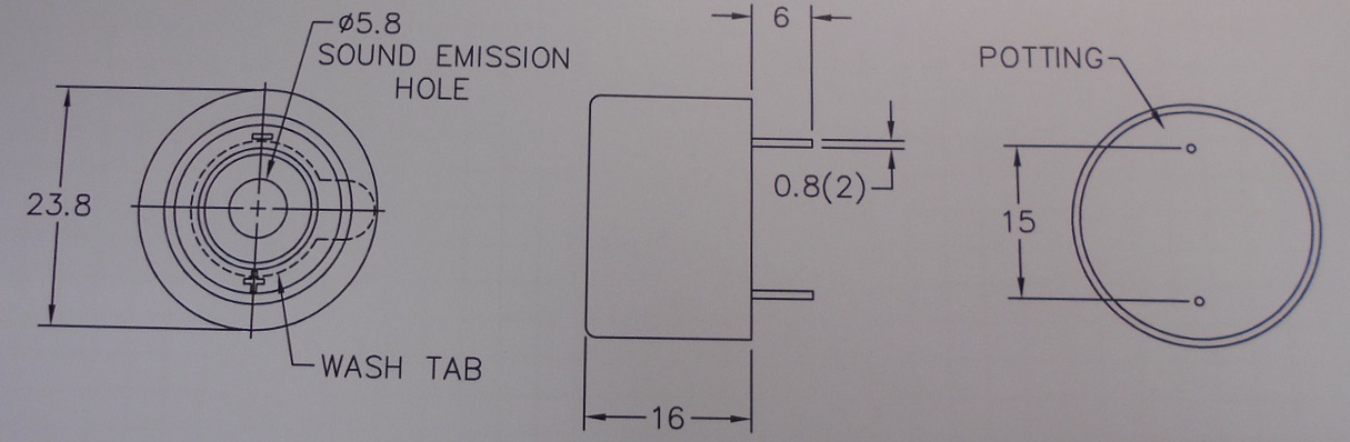 Przetwornik elektroakustyczny w obudowie z tworzywa sztucznego, o wymiarach (średnica x wysokość): 23,8 x 16,0 mm. Częstotliwość rezonansowa: 2,9 ± 0,5 kHz. Stosowany jako sygnalizator.