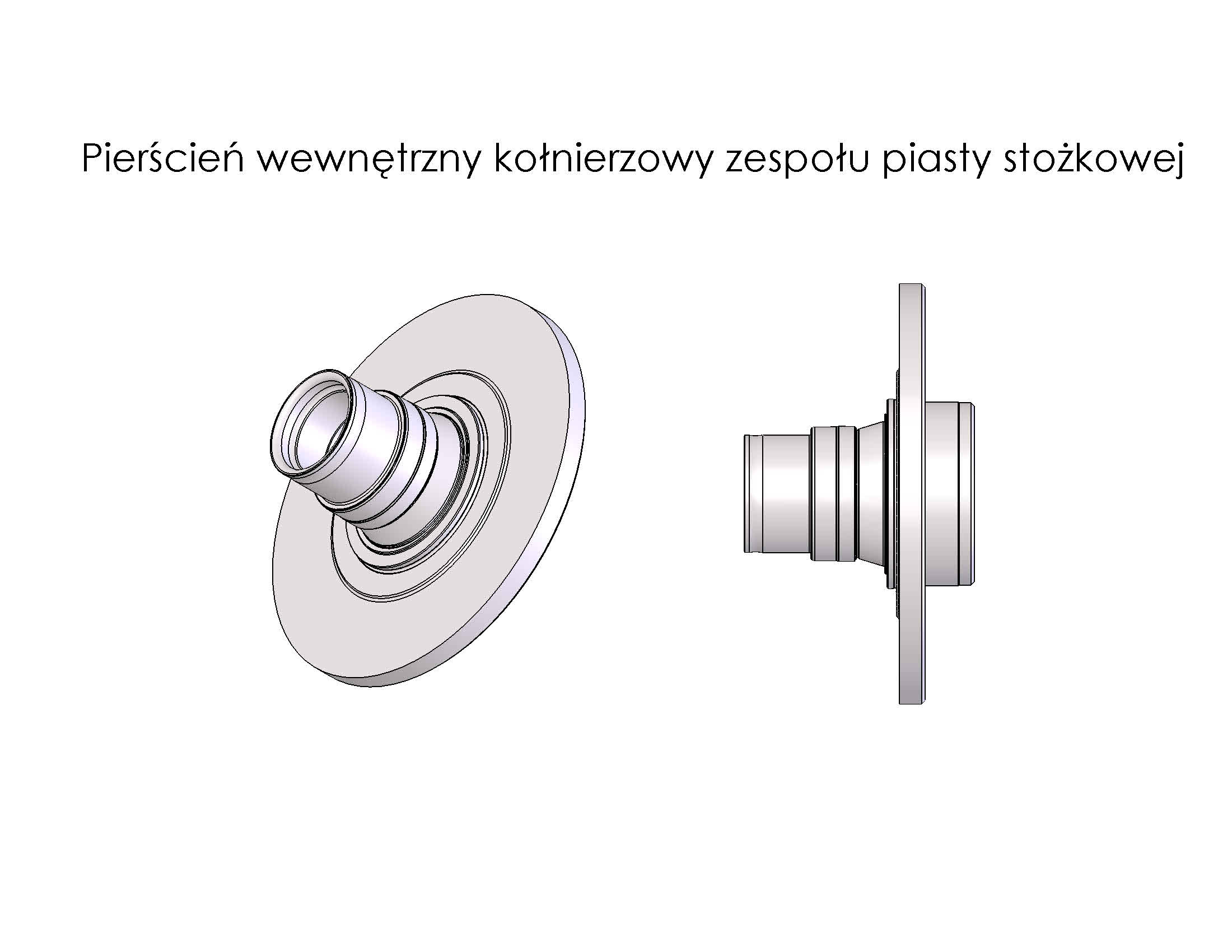 Pierścień kołnierzowy wewnętrzny w stanie niewykończonym (półfabrykat), wykonany ze stali z zastosowaniem m.in. kucia na gorąco w matrycy zamkniętej oraz obróbek skrawających (planowanie, toczenie, wiercenie). Wyrób ma postać cylindrycznego elementu z okrągłym, pełnym kołnierzem. W cylindrycznej części jest wykonany (wzdłuż jej osi) przelotowy okrągły otwór. Element jest przeznaczony do późniejszej (dalszej) obróbki poprzez: toczenie, szlifowanie, dogładzanie, wiercenie otworów, gwintowanie, przeciąganie wielowypustu, hartowanie oraz odpuszczanie, w celu uzyskania z półfabrykatu wyrobu skończonego i już gotowego do użycia. Finalnie jest on przeznaczony do montażu w zespolonej, nierozbieralnej piaście stożkowej, która jest stosowana do koła jezdnego w osobowym pojeździe samochodowym.