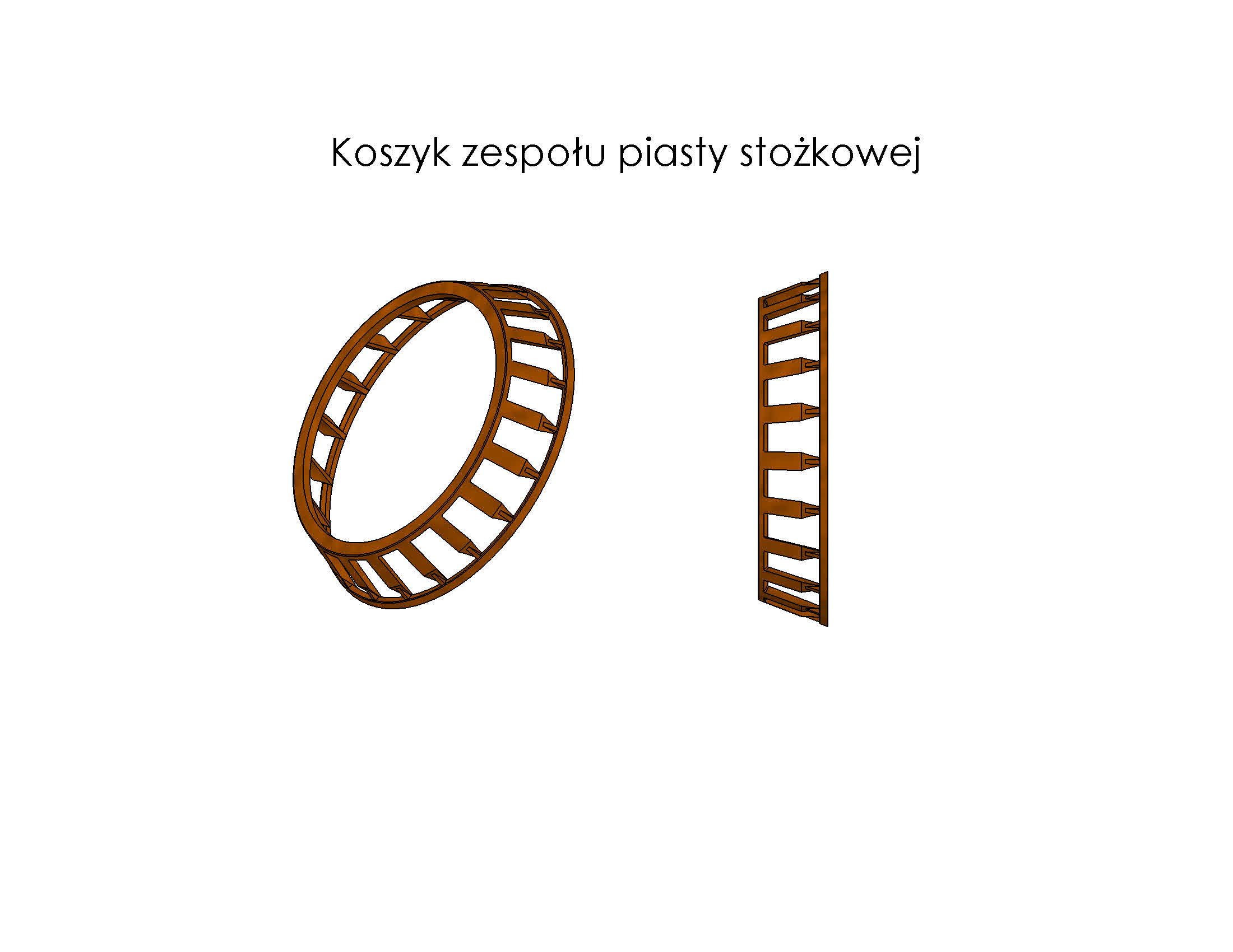 Kosz pozycjonujący elementy toczne łożyska, przeznaczony do zespolonej, nierozbieralnej piasty stożkowej, która jest stosowana do koła jezdnego w osobowym pojeździe samochodowym. Element jest wykonany z tworzywa sztucznego, w stanie wykończonym- gotowym do montażu. Ma kształt ażurowego pierścienia (zamkniętej klatki), z regularnie rozmieszczonymi otworami zbliżonymi do prostokąta. Po zamontowaniu kosza, w tych otworach znajdują się wałki stożkowe będące elementami tocznymi łożyska piasty.