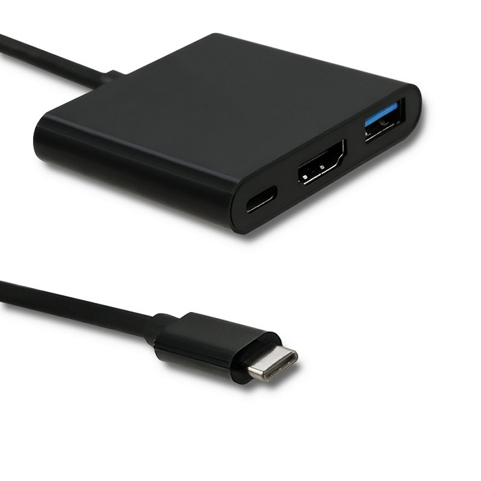 Wieloportowy adapter USB-HDMI, do transmisji sygnałów audio-wideo. Zasadniczo składa się z obwodu drukowanego wyposażonego w aktywne i pasywne elementy w aluminiowej obudowie, z gniazdem HDMI żeńskim i dwoma złączami USB. Złącze USB-C jest trwale przymocowane do obudowy za pomocą kabla o długości 20 cm. Urządzenie służy do dostosowania sygnałów maszyny do automatycznego przetwarzania danych (laptop, tablet, itp.), przez złącze USB-C, na sygnały wyjścia przez ww. porty, po podłączeniu do jednostek wyjściowych (np. monitora, projektora). Standard: Plug&Play. Wymiary adaptera: 51 x 58 x 11  mm. Opakowanie: Polybag.