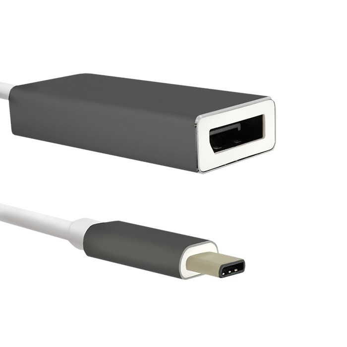 Adapter USB-C – DisplayPort (DP), do transmisji sygnałów audio–wideo. Zasadniczo składa się z obwodu drukowanego z aktywnymi i pasywnymi elementami w obudowie aluminiowej. Złącze USB-C jest trwale przymocowane do obudowy z portem Display za pomocą kabla o długości ok. 16 cm. Urządzenie służy do dostosowania sygnałów maszyny do automatycznego przetwarzania danych (laptop, tablet, itp.), przez złącze USB-C, na sygnały wyjścia przez ww. port, po podłączeniu do jednostek wyjściowych (np. monitora, projektora). Zastosowanie adaptera umożliwia przesłanie obrazu w rozdzielczości do 4Kx2K. System: Plug and Play. Długość całkowita: 20 cm; wymiary adaptera: 2,2 x 0,8 x 4,3 cm. Opakowanie: Polybag.