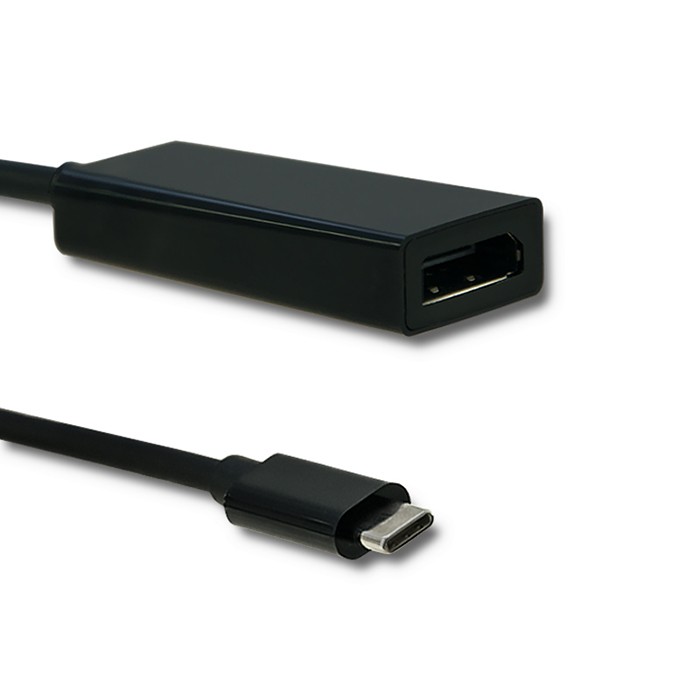 Adapter USB-C – DisplayPort (DP), do transmisji sygnałów audio–wideo. Zasadniczo składa się z obwodu drukowanego z aktywnymi i pasywnymi elementami w obudowie koloru czarnego. Złącze USB-C jest trwale przymocowane do obudowy z portem Display za pomocą kabla. Urządzenie służy do dostosowania sygnałów maszyny do automatycznego przetwarzania danych (laptop, tablet, itp.), przez złącze USB-C, na sygnały wyjścia przez ww. port, po podłączeniu do jednostek wyjściowych (np. monitora, projektora). Zastosowanie adaptera umożliwia przesłanie obrazu w rozdzielczości do 4Kx2K. System: Plug and Play. Długość całkowita: 23 cm; wymiary adaptera: 2,3 x 5,2 cm. Opakowanie: Polybag.