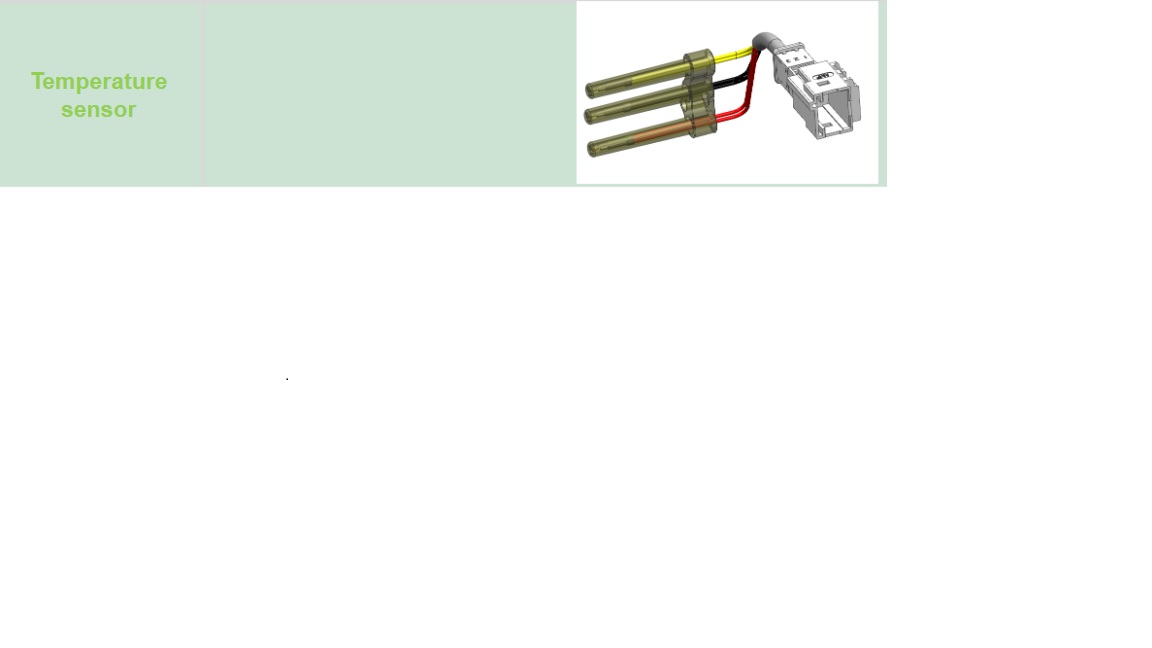 Czujnik temperatury NTC (Negative Temperature Coefficient) wykorzystywany w silniku elektrycznym celem ochrony jego elementów przed przegrzaniem. Urządzenie składa się z  trzech rezystorów stałych z przewodami w termoodpornej powłoce, łączącymi produkt z wtyczką, która z kolei umożliwia połączenie z układem sterowania silnika. Produkt jest umieszczany w tzw. grzywie, tj. cewkach znajdujących się w stojanie silnika. W zależności od temperatury zmienia się (odwrotnie proporcjonalnie) rezystancja termistora. Przez odpowiednio zaprogramowany sterownik silnika, czujnik służy do sterowania pracą silnika elektrycznego w zależności od zmierzonej temperatury. Produkt nie wyświetla temperatury. Wymiary czujnika (w mm): 271 x 3,8; masa: 12,5 g.