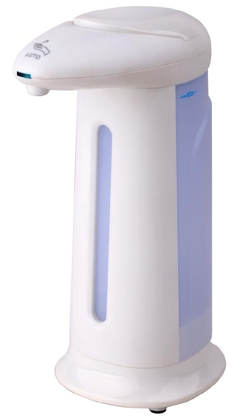 Bezdotykowy dystrybutor mydła lub płynu dezynfekującego, o pojemności 400 ml. Wykonany z tworzywa sztucznego ABS. Wyposażony w czujnik do automatycznego dozowania wymierzonej porcji mydła lub płynu, przez pompę po wykryciu ruchu ręki. Zasilany 4 bateriami /typ AAA/. Przeznaczony do użytku w łazience lub kuchni, jako dozownik stojący. Wymiary zewnętrzne (szerokość x głębokość x wysokość): 135 mm x 83 mm x 200 mm. Masa netto /bez baterii/: 0,21 kg.