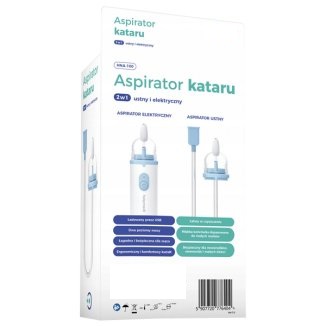Elektryczny aspirator kataru przeznaczony do usuwania wydzieliny z nosa u małych dzieci. Produkt może być wykorzystany  również do aspiracji ustnej. Korpus urządzenia wykonany został z tworzywa sztucznego, wewnątrz którego znajduje się silnik z akumulatorem litowo – jonowym. Urządzenie prezentowane jest razem z dwiema wymiennymi końcówkami, ustnikiem, wężem silikonowym i kablem USB. Żródło ładowania: wejście 5 V, 2 A. Wymiary w mm: 42 (szer.) x 192 (wys.) x 42 (gł.); masa około 160 g (samo urządzenie).
