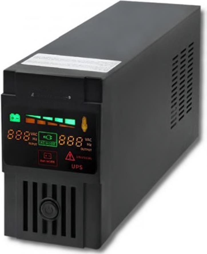 Zasilacz awaryjny UPS Line Interactive.  Posiada jeden wbudowany akumulator 12V/9Ah.  Urządzenie wyposażone jest w dwie funkcje: zimny start (umożliwia wymuszenie pracy akumulatora bez podłączenia UPS do sieci zasilającej) oraz AVR (system automatycznej regulacji napięcia). AVR pozwala na maksymalne wydłużenie czasu pracy z baterią oraz umożliwia pracę przy skokach napięcia w warunkach podwyższonego lub obniżonego napięcia bez nadmiernego, niepotrzebnego zużycia baterii. UPS wyposażony jest w 6 gniazd wyjściowych: 1 x FRENCH, 1 x SCHUKO, 1 x RJ45, 1 x USB typ B (port do diagnostyki urządzenia, 1 x RS232 (do komunikacji z komputerem za pomocą dedykowanego oprogramowania do zarządzania). Posiada metalową obudowę oraz panel frontowy z tworzywa sztucznego wyposażony w ekran LCD. Zasilacz przeznaczony jest do pracy w przedsiębiorstwach, w placówkach edukacyjnych, urzędach, w domach, m.in. z komputerami, laptopami, serwerami, monitorami LED/LCD. Pozostałe parametry: moc pozorna 800 VA, napięcie wyjściowe 230 V/AC, czas podtrzymania: 3-10 minut. W zestawie z zasilaczem, min. programowanie. Wymiary: 101 x 297 x 142 mm; masa: 4.9 kg.