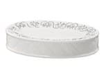 Mydelniczka ceramiczna w kształcie owalnym o wymiarach ok. 13,1 cm x 8,8 cm i wys. ok. 2,4 cm, wykonana z białej ceramiki szkliwionej bezbarwnym szkliwem z dekoracją w postaci paska w srebrne wzory. Artykuł przeznaczony do postawienia np. na umywalce. Produkt o cechach charakterystycznych dla porcelany. Decyzja wydana w miejsce decyzji nr PL-WIT-2017-000103.