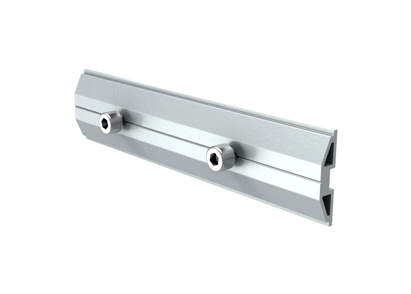 Element konstrukcji fotowoltaicznej, stosowany do łączenia szyny aluminiowej z kanałem bocznym konstrukcji. Wykonany z aluminium poprzez wyciskanie, otworowanie i gwintowanie. W skład kompletu wchodzi śruba nierdzewna wykonana z materiału SUS 304. Wymiary: 200 mm x 46 mm.