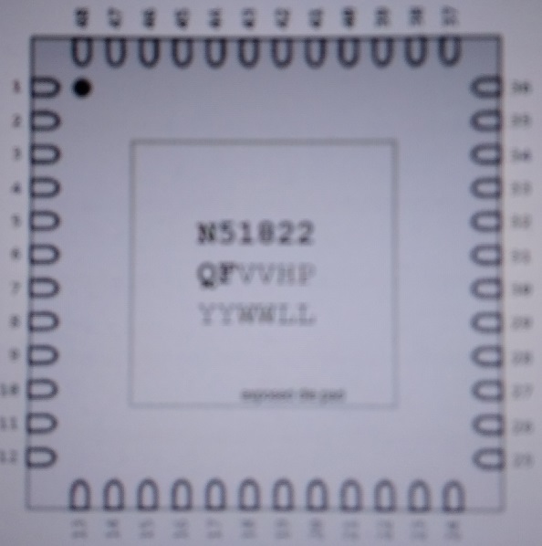 Układ scalony - przeznaczony do zarządzania muliprotokołem Bluetooth w rożnych urządzeniach. Stosowany w montażu powierzchniowym. Zawiera m.in. 32-bitowy procesor ARM® Cortex ™ - M0 z programowalną pamięcią flash 256 kB lub 128 kB i 32 kB/16 kB pamięcią RAM, aplikację bezprzewodową 2,4 GHz z ultra niskim poborem mocy, układ sterowania i synchronizacji oraz moduł radiowy 2,4 GHz trasceiver (Bluetooth). Zasilany napięciem od 1,8 V do 3,6 V. Wymiary: 6 mm x 6 mm. Obudowa układu posiada 48- pinowe wyprowadzenie do połączenia z urządzeniami peryferyjnymi.
Decyzja wydana powtórnie w miejsce WIT numer PL-WIT-2015-01115.
